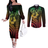 Hawaiian Sea Turtle Couples Matching Off The Shoulder Long Sleeve Dress and Long Sleeve Button Shirt Reggae Hibiscus Flowers and Kakau Pattern LT9 Reggae - Polynesian Pride