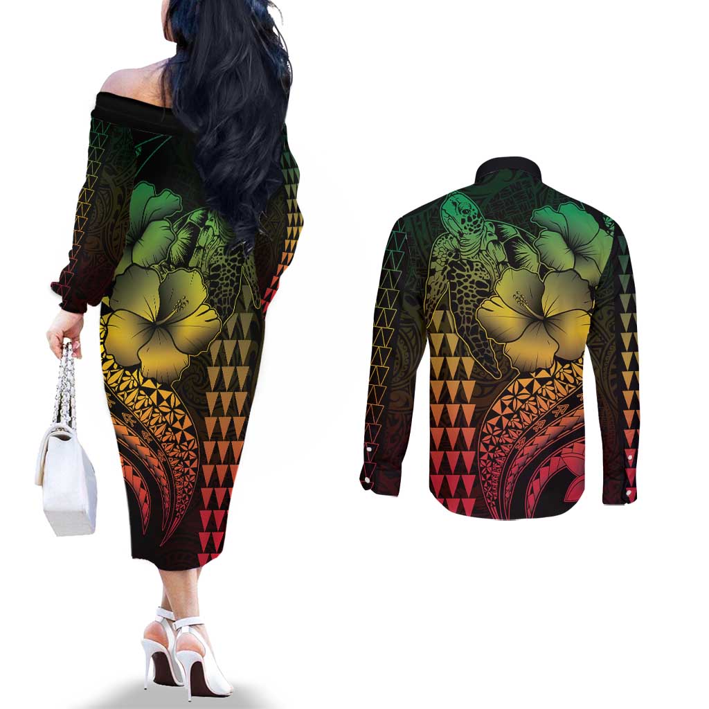 Hawaiian Sea Turtle Couples Matching Off The Shoulder Long Sleeve Dress and Long Sleeve Button Shirt Reggae Hibiscus Flowers and Kakau Pattern LT9 - Polynesian Pride