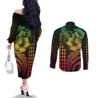 Hawaiian Sea Turtle Couples Matching Off The Shoulder Long Sleeve Dress and Long Sleeve Button Shirt Reggae Hibiscus Flowers and Kakau Pattern LT9 - Polynesian Pride
