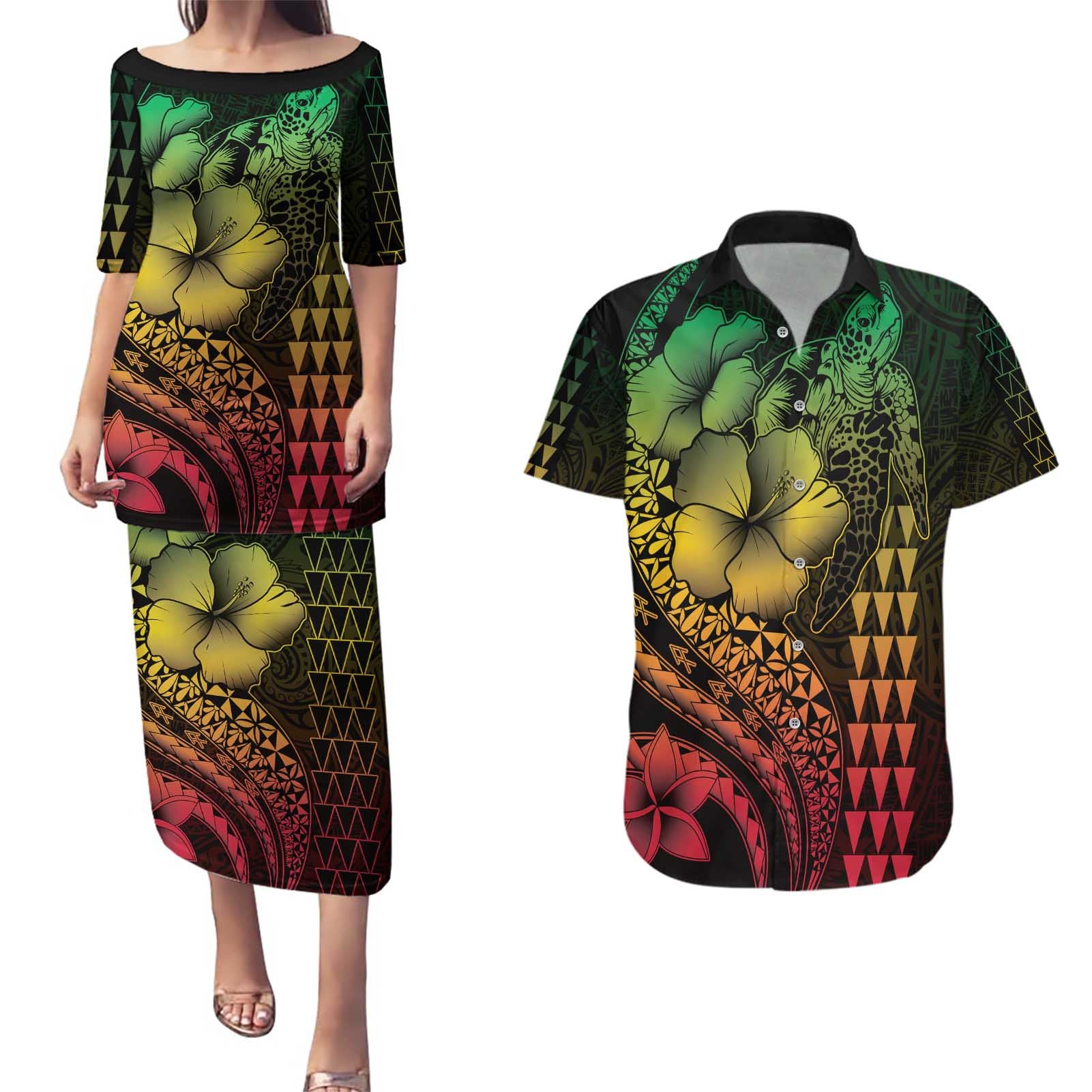 Hawaiian Sea Turtle Couples Matching Puletasi and Hawaiian Shirt Reggae Hibiscus Flowers and Kakau Pattern