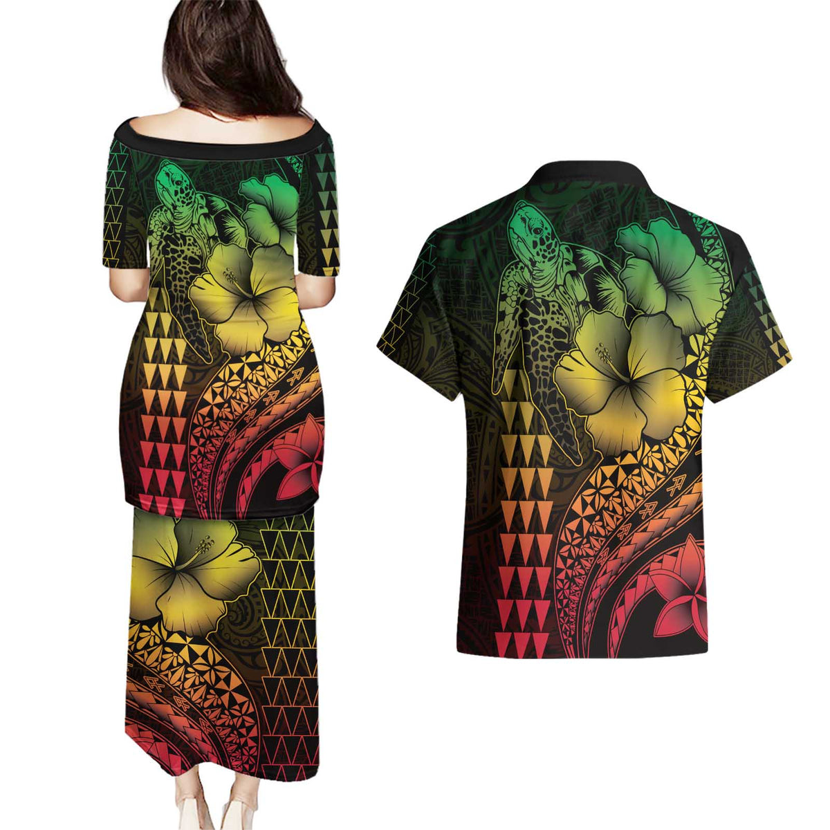 Hawaiian Sea Turtle Couples Matching Puletasi and Hawaiian Shirt Reggae Hibiscus Flowers and Kakau Pattern LT9 - Polynesian Pride