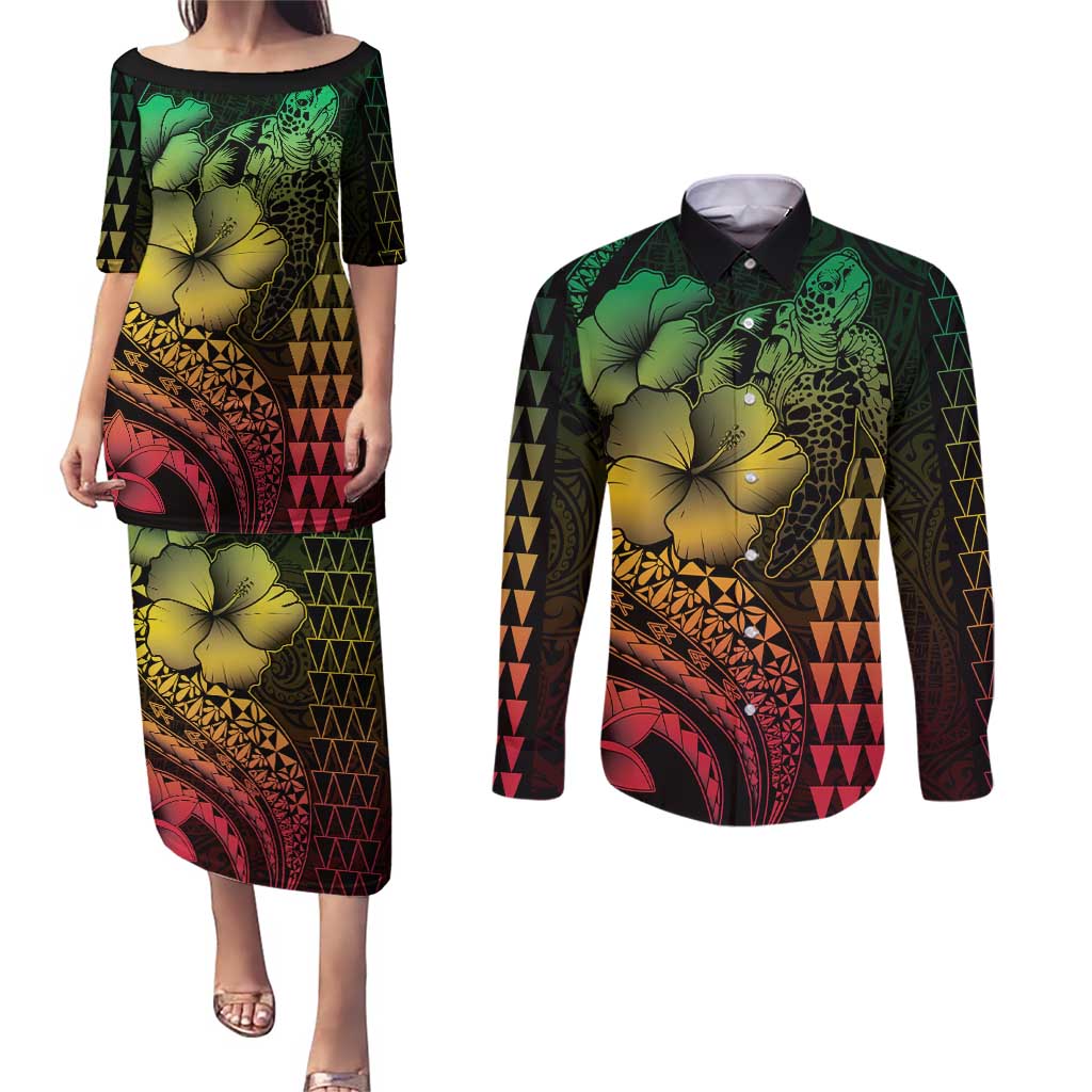 Hawaiian Sea Turtle Couples Matching Puletasi and Long Sleeve Button Shirt Reggae Hibiscus Flowers and Kakau Pattern