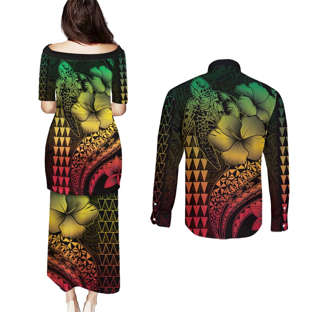 Hawaiian Sea Turtle Couples Matching Puletasi and Long Sleeve Button Shirt Reggae Hibiscus Flowers and Kakau Pattern