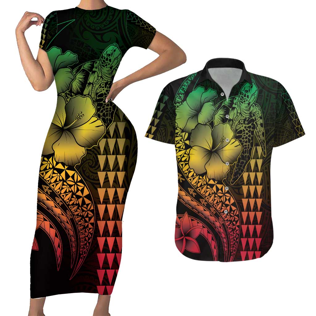 Hawaiian Sea Turtle Couples Matching Short Sleeve Bodycon Dress and Hawaiian Shirt Reggae Hibiscus Flowers and Kakau Pattern LT9 Reggae - Polynesian Pride