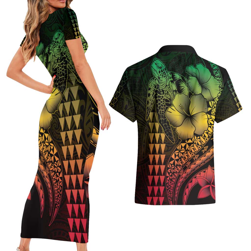 Hawaiian Sea Turtle Couples Matching Short Sleeve Bodycon Dress and Hawaiian Shirt Reggae Hibiscus Flowers and Kakau Pattern LT9 - Polynesian Pride