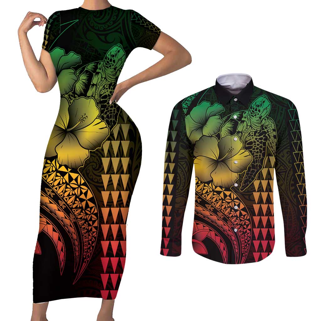 Hawaiian Sea Turtle Couples Matching Short Sleeve Bodycon Dress and Long Sleeve Button Shirt Reggae Hibiscus Flowers and Kakau Pattern