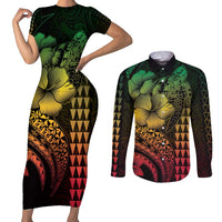 Hawaiian Sea Turtle Couples Matching Short Sleeve Bodycon Dress and Long Sleeve Button Shirt Reggae Hibiscus Flowers and Kakau Pattern LT9 Reggae - Polynesian Pride