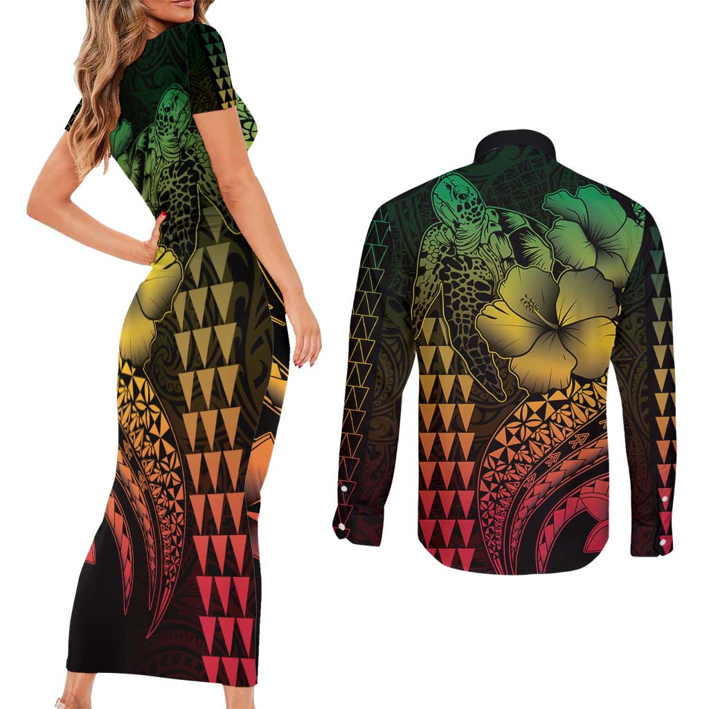Hawaiian Sea Turtle Couples Matching Short Sleeve Bodycon Dress and Long Sleeve Button Shirt Reggae Hibiscus Flowers and Kakau Pattern LT9 - Polynesian Pride