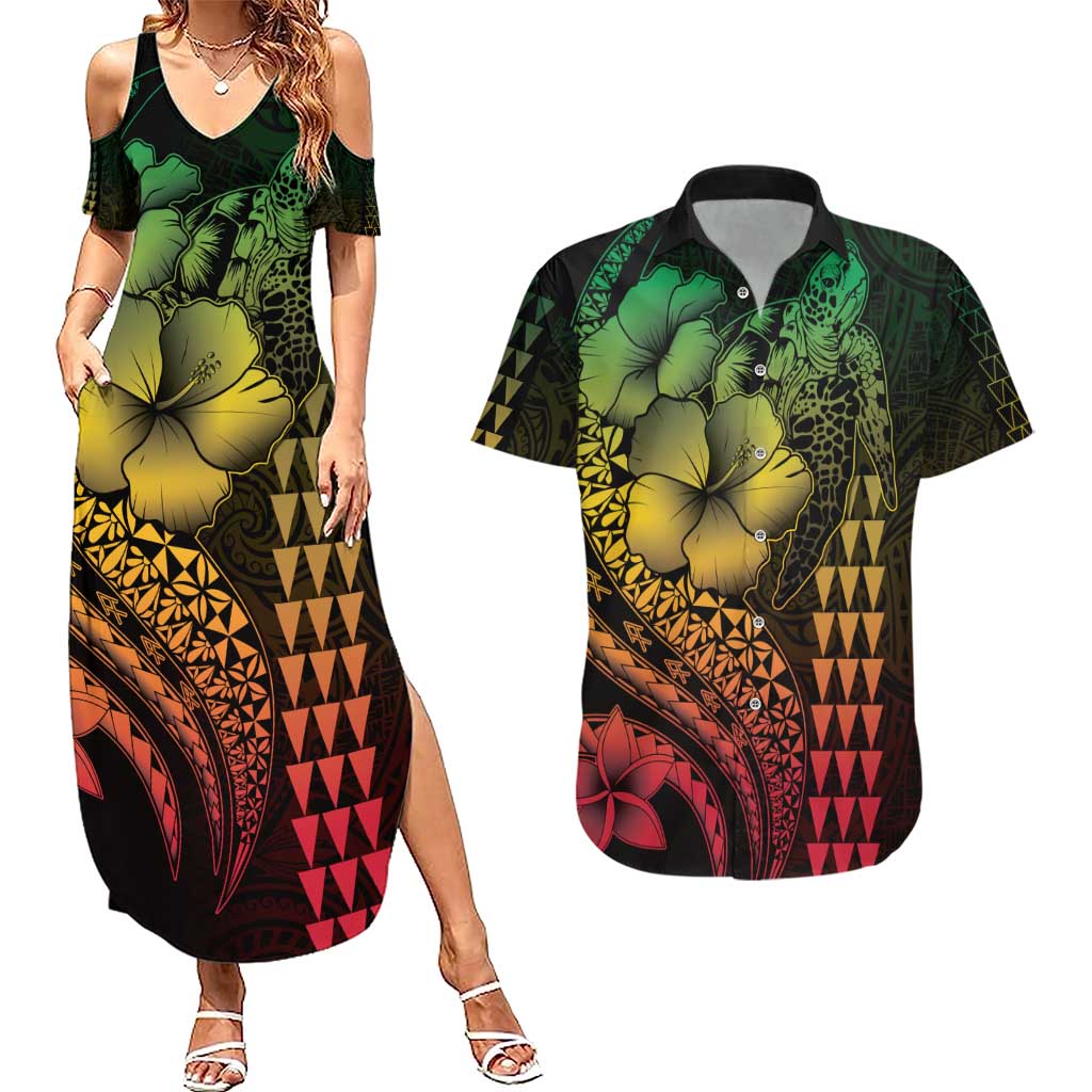 Hawaiian Sea Turtle Couples Matching Summer Maxi Dress and Hawaiian Shirt Reggae Hibiscus Flowers and Kakau Pattern LT9 Reggae - Polynesian Pride
