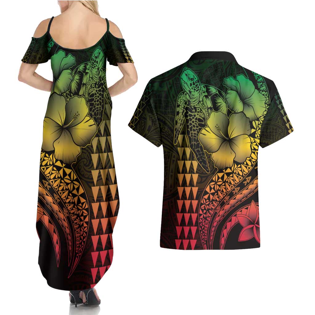 Hawaiian Sea Turtle Couples Matching Summer Maxi Dress and Hawaiian Shirt Reggae Hibiscus Flowers and Kakau Pattern LT9 - Polynesian Pride