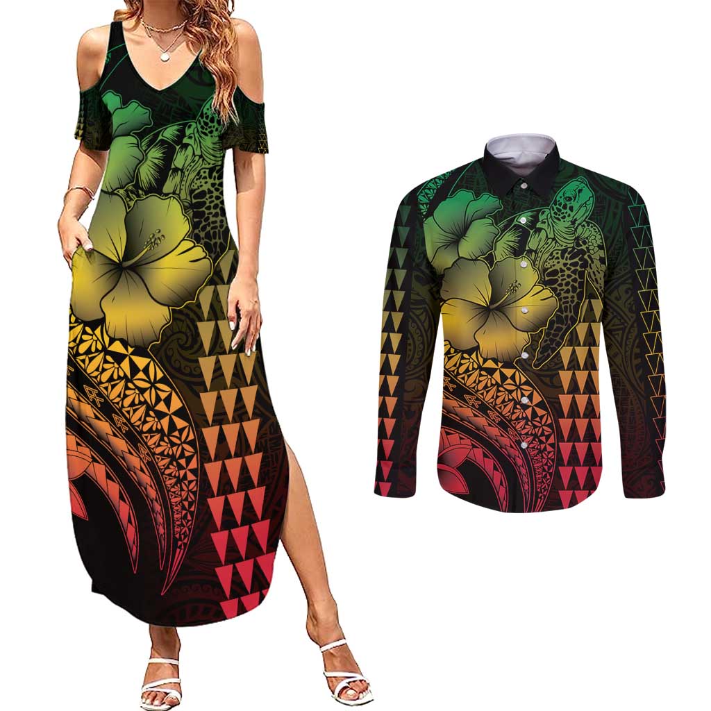 Hawaiian Sea Turtle Couples Matching Summer Maxi Dress and Long Sleeve Button Shirt Reggae Hibiscus Flowers and Kakau Pattern LT9 Reggae - Polynesian Pride