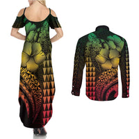 Hawaiian Sea Turtle Couples Matching Summer Maxi Dress and Long Sleeve Button Shirt Reggae Hibiscus Flowers and Kakau Pattern LT9 - Polynesian Pride