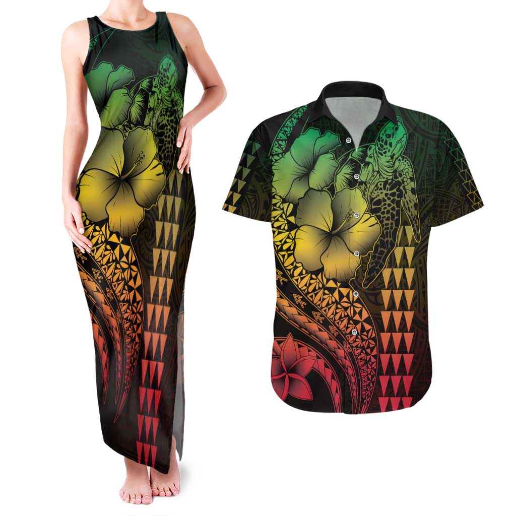 Hawaiian Sea Turtle Couples Matching Tank Maxi Dress and Hawaiian Shirt Reggae Hibiscus Flowers and Kakau Pattern LT9 Reggae - Polynesian Pride