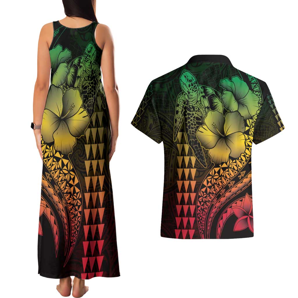 Hawaiian Sea Turtle Couples Matching Tank Maxi Dress and Hawaiian Shirt Reggae Hibiscus Flowers and Kakau Pattern LT9 - Polynesian Pride