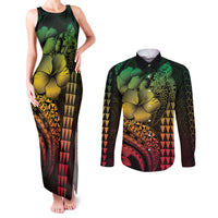 Hawaiian Sea Turtle Couples Matching Tank Maxi Dress and Long Sleeve Button Shirt Reggae Hibiscus Flowers and Kakau Pattern LT9 Reggae - Polynesian Pride