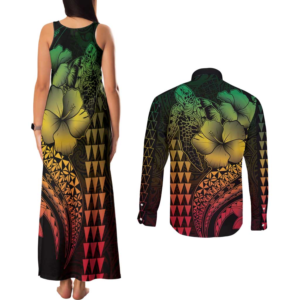 Hawaiian Sea Turtle Couples Matching Tank Maxi Dress and Long Sleeve Button Shirt Reggae Hibiscus Flowers and Kakau Pattern LT9 - Polynesian Pride