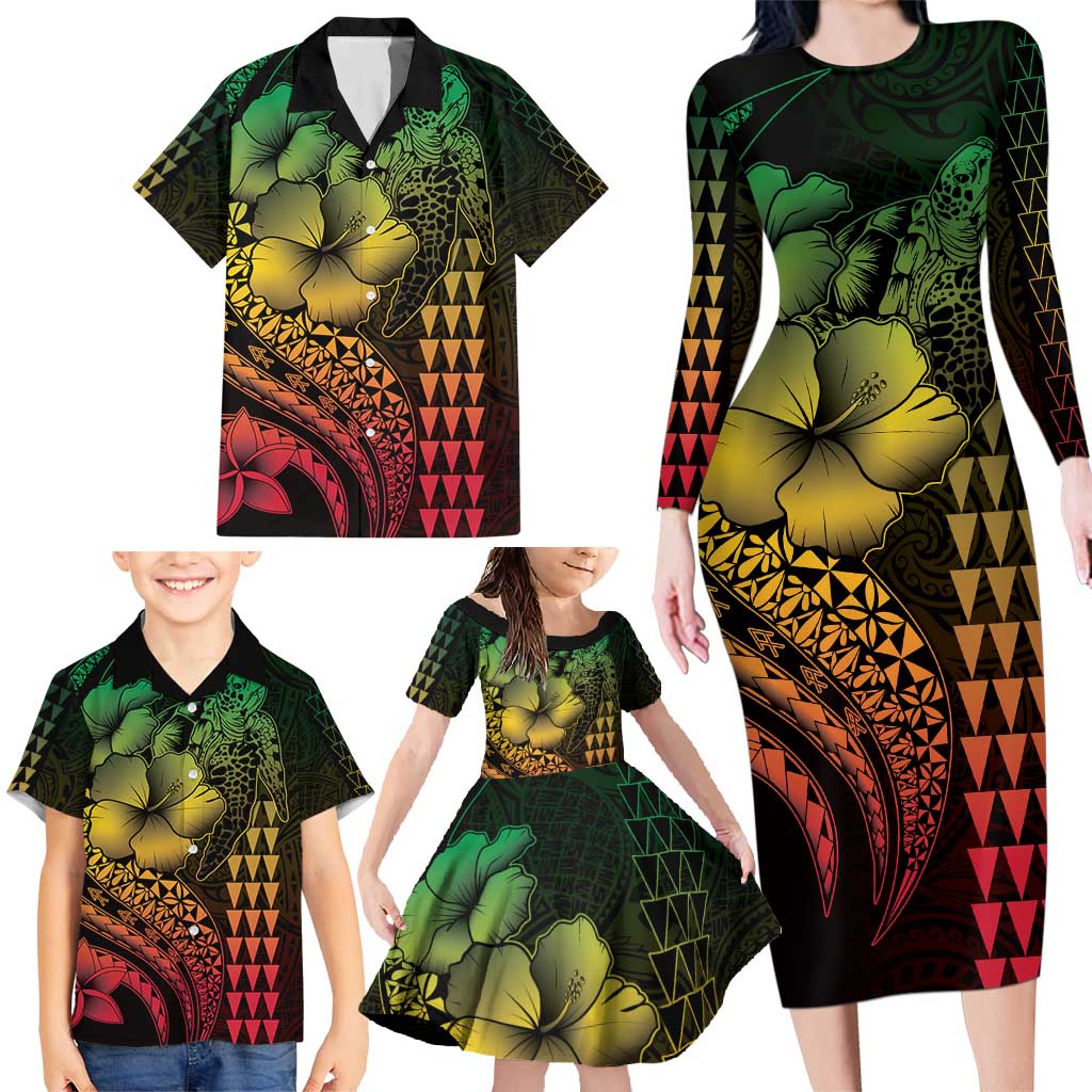 Hawaiian Sea Turtle Family Matching Long Sleeve Bodycon Dress and Hawaiian Shirt Reggae Hibiscus Flowers and Kakau Pattern LT9 - Polynesian Pride