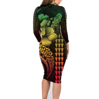 Hawaiian Sea Turtle Family Matching Long Sleeve Bodycon Dress and Hawaiian Shirt Reggae Hibiscus Flowers and Kakau Pattern LT9 - Polynesian Pride