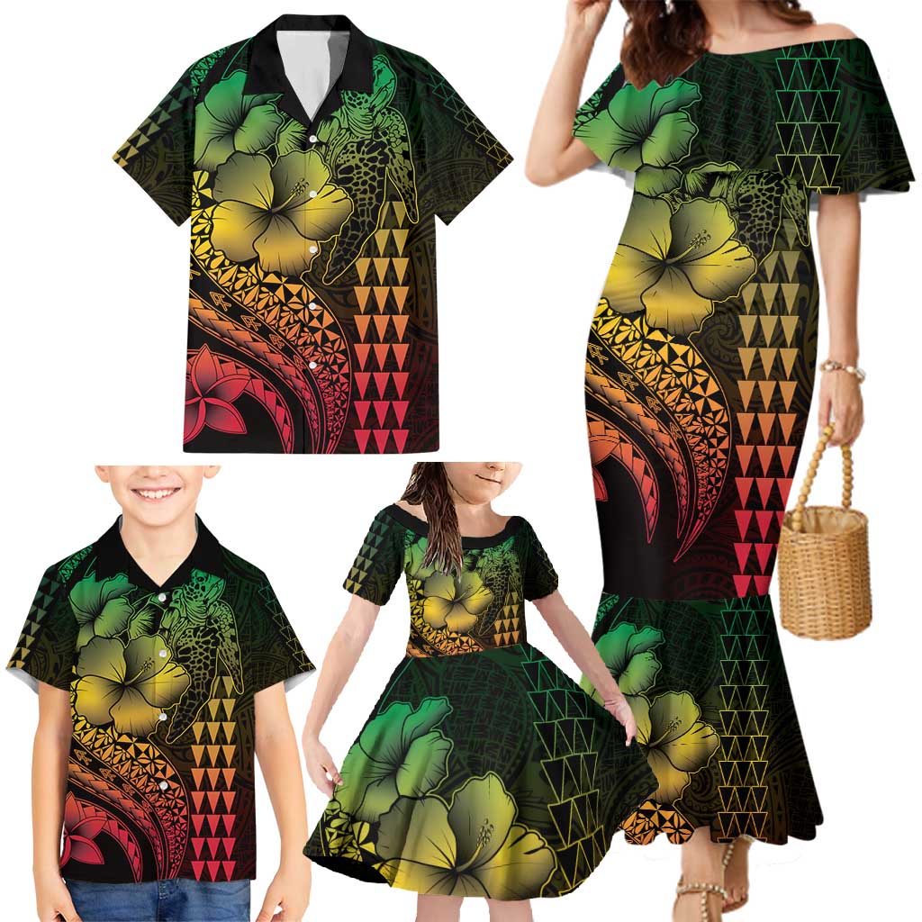 Hawaiian Sea Turtle Family Matching Mermaid Dress and Hawaiian Shirt Reggae Hibiscus Flowers and Kakau Pattern LT9 - Polynesian Pride
