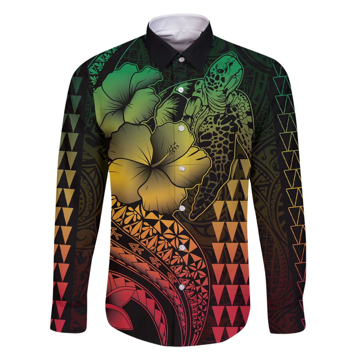 Hawaiian Sea Turtle Family Matching Off The Shoulder Long Sleeve Dress and Hawaiian Shirt Reggae Hibiscus Flowers and Kakau Pattern LT9 Dad's Shirt - Long Sleeve Reggae - Polynesian Pride