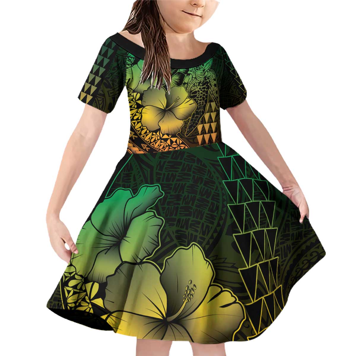 Hawaiian Sea Turtle Family Matching Off Shoulder Short Dress and Hawaiian Shirt Reggae Hibiscus Flowers and Kakau Pattern LT9 Daughter's Dress Reggae - Polynesian Pride