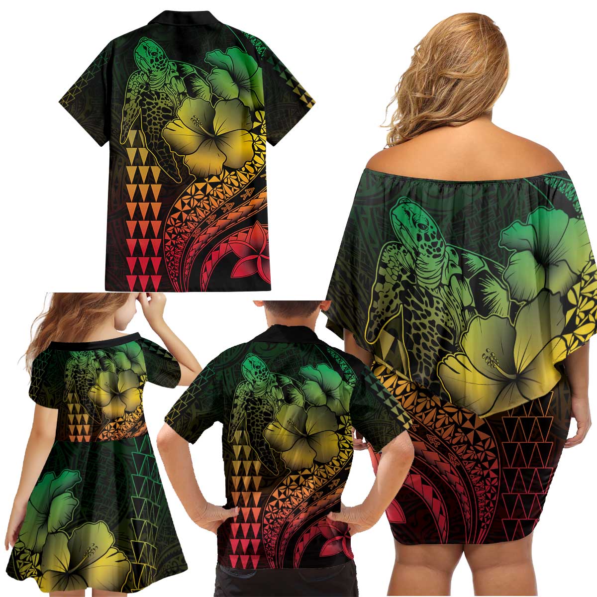 Hawaiian Sea Turtle Family Matching Off Shoulder Short Dress and Hawaiian Shirt Reggae Hibiscus Flowers and Kakau Pattern LT9 - Polynesian Pride