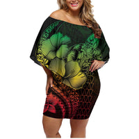Hawaiian Sea Turtle Family Matching Off Shoulder Short Dress and Hawaiian Shirt Reggae Hibiscus Flowers and Kakau Pattern LT9 Mom's Dress Reggae - Polynesian Pride