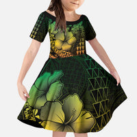 Hawaiian Sea Turtle Family Matching Puletasi and Hawaiian Shirt Reggae Hibiscus Flowers and Kakau Pattern LT9 Daughter's Dress Reggae - Polynesian Pride