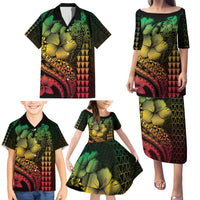 Hawaiian Sea Turtle Family Matching Puletasi and Hawaiian Shirt Reggae Hibiscus Flowers and Kakau Pattern LT9 - Polynesian Pride