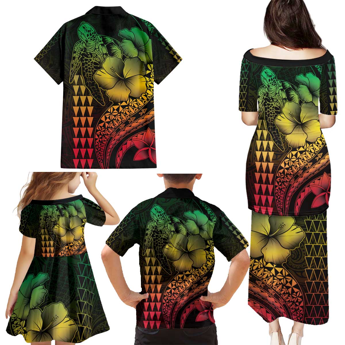 Hawaiian Sea Turtle Family Matching Puletasi and Hawaiian Shirt Reggae Hibiscus Flowers and Kakau Pattern LT9 - Polynesian Pride