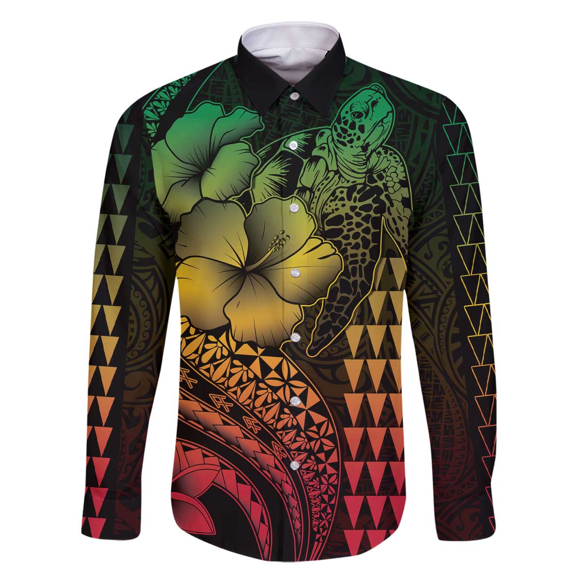 Hawaiian Sea Turtle Family Matching Puletasi and Hawaiian Shirt Reggae Hibiscus Flowers and Kakau Pattern LT9 Dad's Shirt - Long Sleeve Reggae - Polynesian Pride