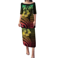 Hawaiian Sea Turtle Family Matching Puletasi and Hawaiian Shirt Reggae Hibiscus Flowers and Kakau Pattern LT9 Mom's Dress Reggae - Polynesian Pride