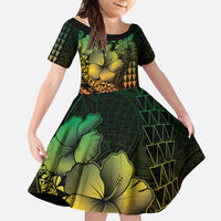 Hawaiian Sea Turtle Family Matching Short Sleeve Bodycon Dress and Hawaiian Shirt Reggae Hibiscus Flowers and Kakau Pattern LT9 Daughter's Dress Reggae - Polynesian Pride