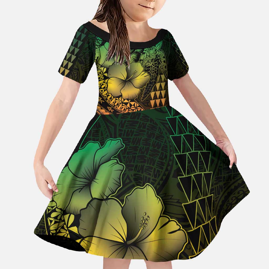 Hawaiian Sea Turtle Family Matching Tank Maxi Dress and Hawaiian Shirt Reggae Hibiscus Flowers and Kakau Pattern LT9 Daughter's Dress Reggae - Polynesian Pride