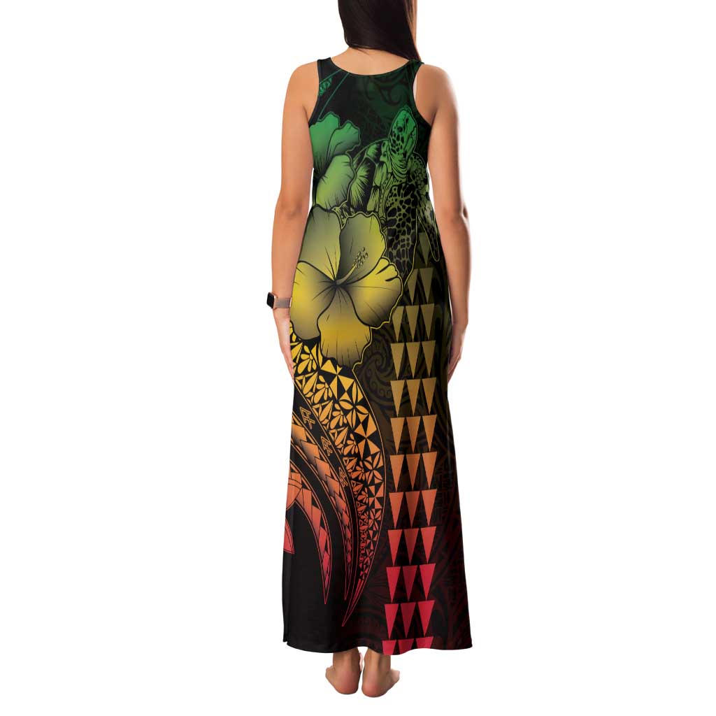 Hawaiian Sea Turtle Family Matching Tank Maxi Dress and Hawaiian Shirt Reggae Hibiscus Flowers and Kakau Pattern LT9 - Polynesian Pride