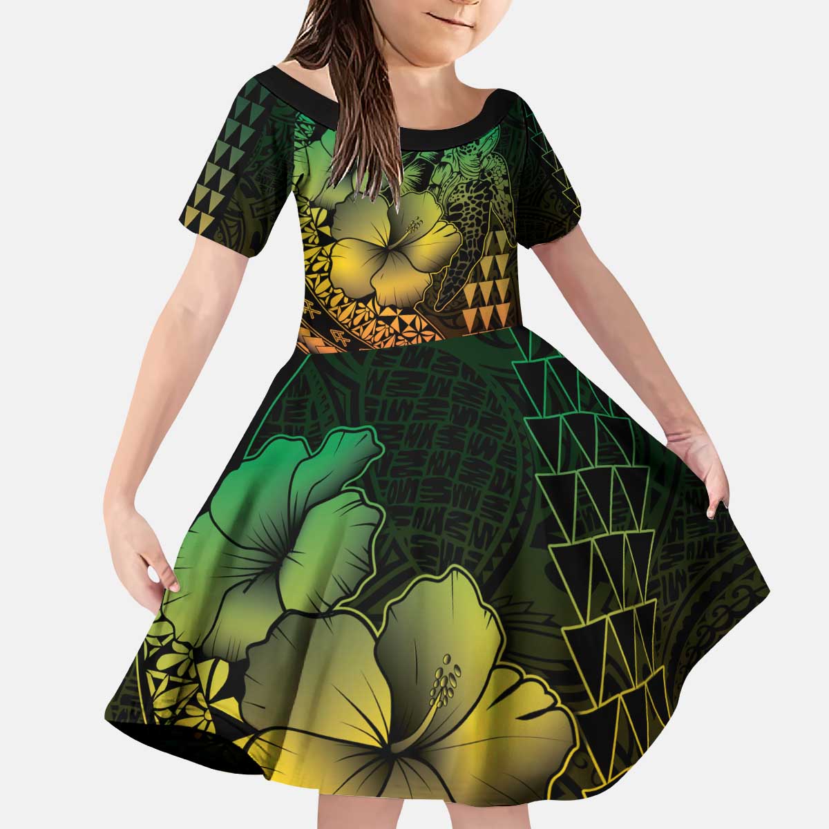 Hawaiian Sea Turtle Kid Short Sleeve Dress Reggae Hibiscus Flowers and Kakau Pattern