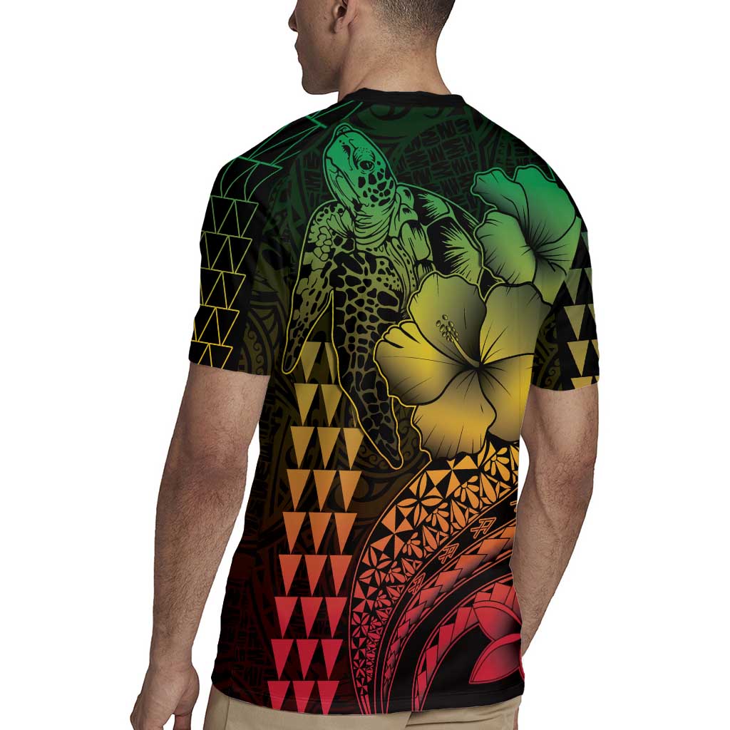 Hawaiian Sea Turtle Rugby Jersey Reggae Hibiscus Flowers and Kakau Pattern