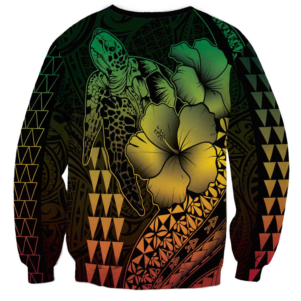 Hawaiian Sea Turtle Sweatshirt Reggae Hibiscus Flowers and Kakau Pattern LT9 - Polynesian Pride