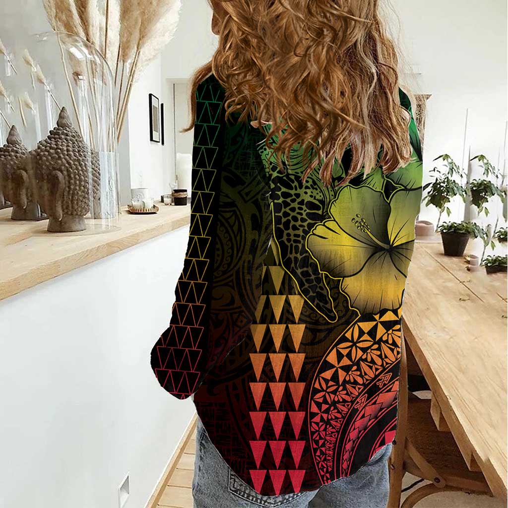 Hawaiian Sea Turtle Women Casual Shirt Reggae Hibiscus Flowers and Kakau Pattern