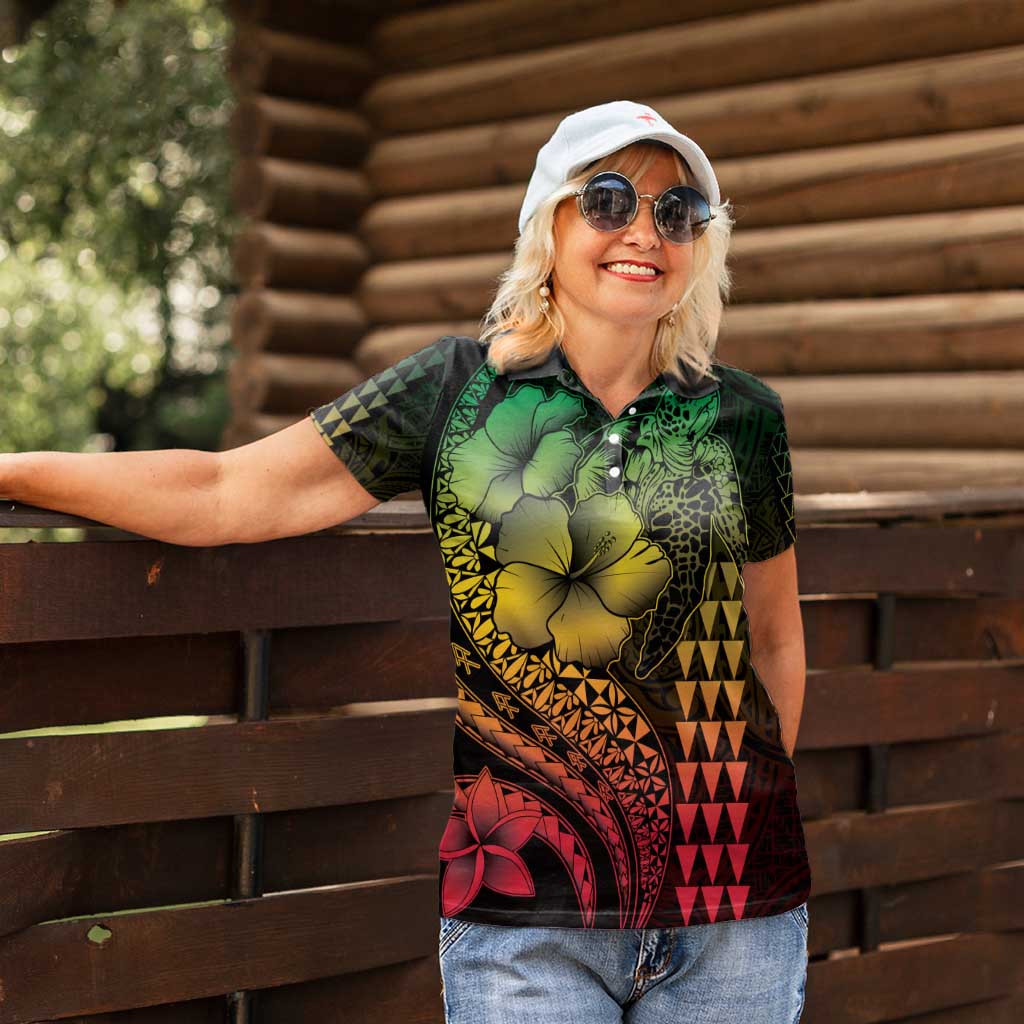 Hawaiian Sea Turtle Women Polo Shirt Reggae Hibiscus Flowers and Kakau Pattern