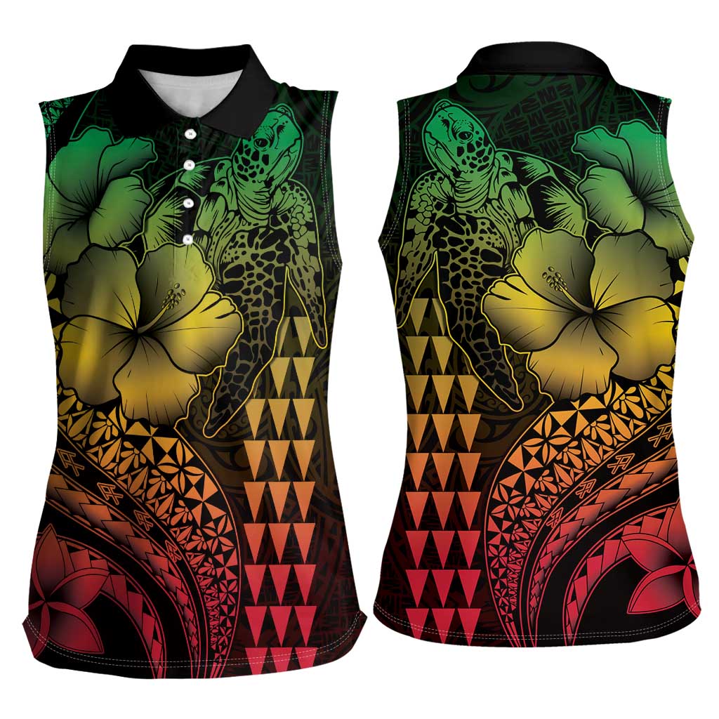 Hawaiian Sea Turtle Women Sleeveless Polo Shirt Reggae Hibiscus Flowers and Kakau Pattern LT9 - Polynesian Pride