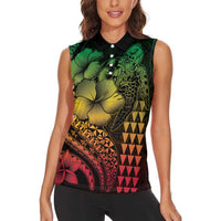 Hawaiian Sea Turtle Women Sleeveless Polo Shirt Reggae Hibiscus Flowers and Kakau Pattern LT9 - Polynesian Pride