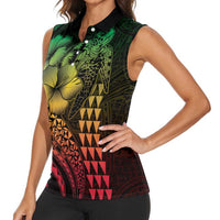 Hawaiian Sea Turtle Women Sleeveless Polo Shirt Reggae Hibiscus Flowers and Kakau Pattern LT9 - Polynesian Pride