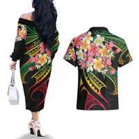 Kiribati Red Jasmine Mango Couples Matching Off The Shoulder Long Sleeve Dress and Hawaiian Shirt Reggae Polynesian Art Vibe LT9 - Polynesian Pride