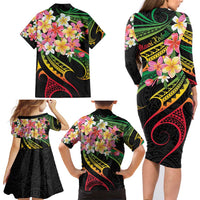 Kiribati Red Jasmine Mango Family Matching Long Sleeve Bodycon Dress and Hawaiian Shirt Reggae Polynesian Art Vibe LT9 - Polynesian Pride