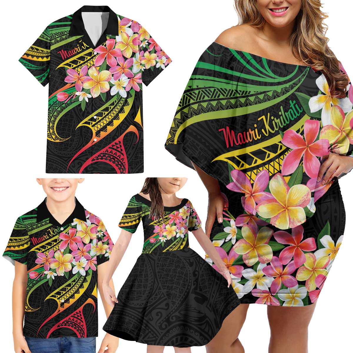 Kiribati Red Jasmine Mango Family Matching Off Shoulder Short Dress and Hawaiian Shirt Reggae Polynesian Art Vibe LT9 - Polynesian Pride
