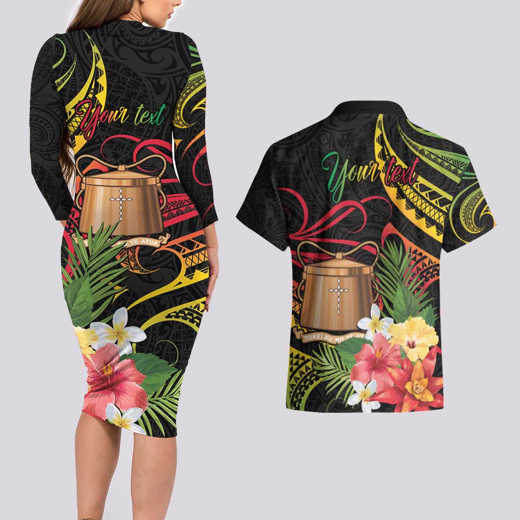 Personalised Tokelau Tropical Flowers Couples Matching Long Sleeve Bodycon Dress and Hawaiian Shirt Reggae Polynesian Art Vibe LT9 - Polynesian Pride
