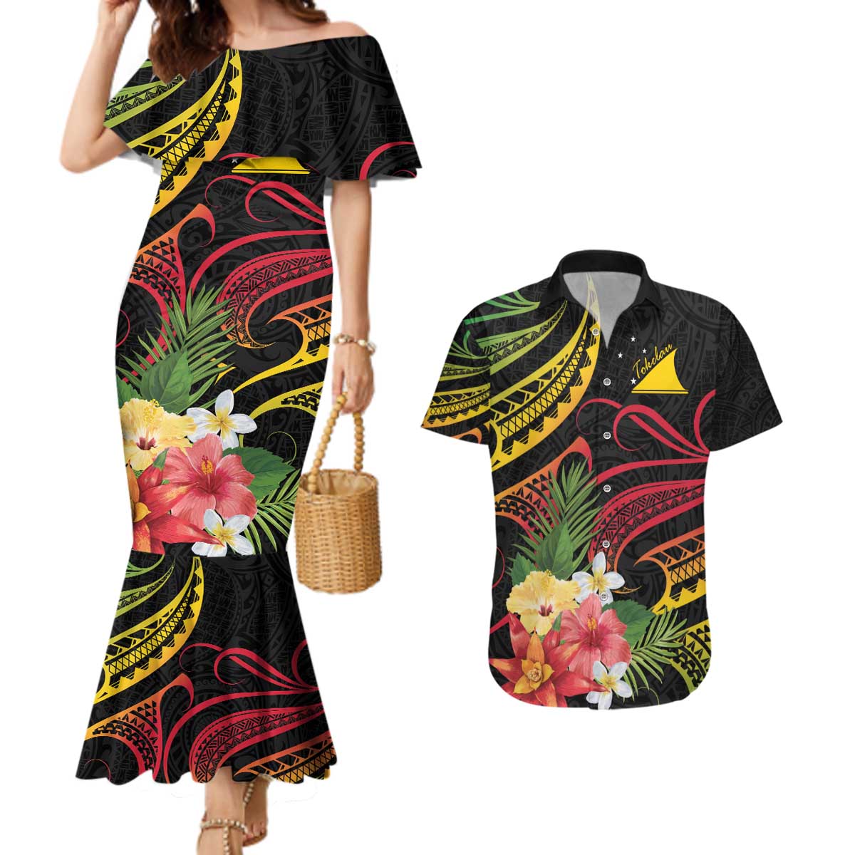 Personalised Tokelau Tropical Flowers Couples Matching Mermaid Dress and Hawaiian Shirt Reggae Polynesian Art Vibe LT9 Reggae - Polynesian Pride