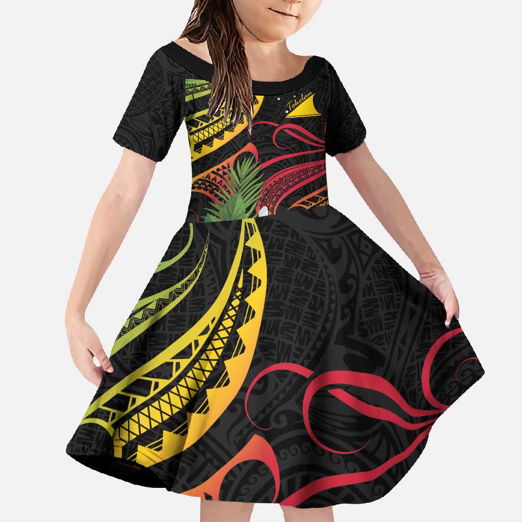 Personalised Tokelau Tropical Flowers Family Matching Off Shoulder Maxi Dress and Hawaiian Shirt Reggae Polynesian Art Vibe LT9 Daughter's Dress Reggae - Polynesian Pride