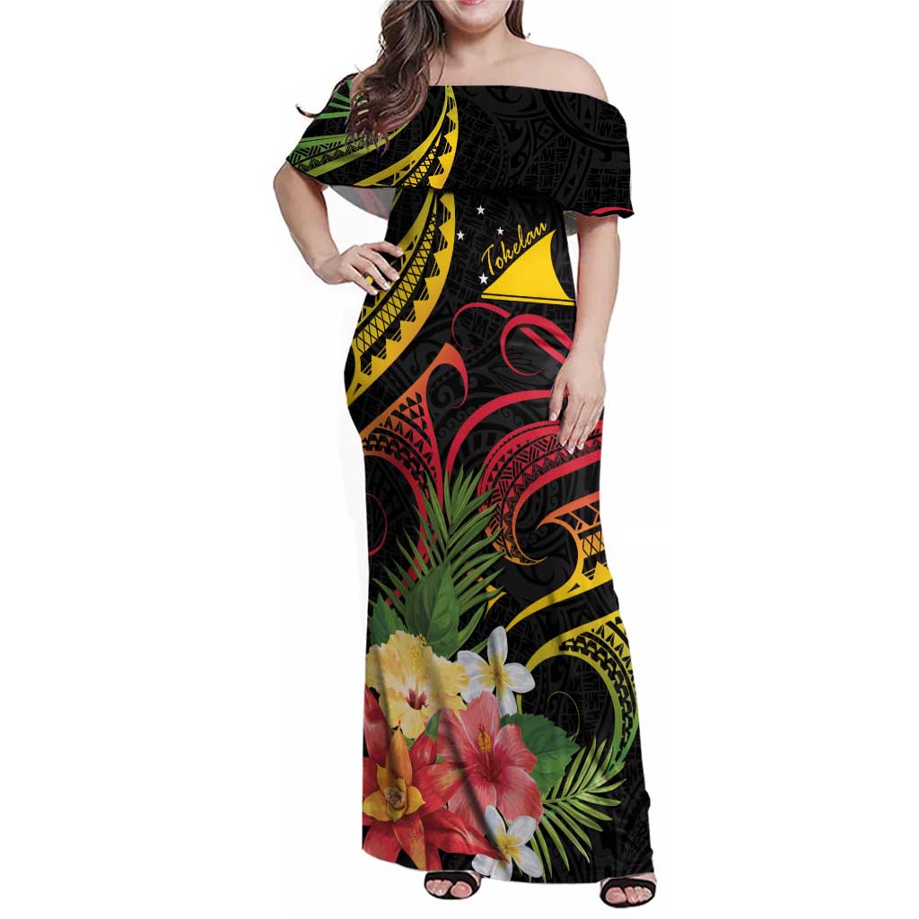 Personalised Tokelau Tropical Flowers Family Matching Off Shoulder Maxi Dress and Hawaiian Shirt Reggae Polynesian Art Vibe LT9 Mom's Dress Reggae - Polynesian Pride